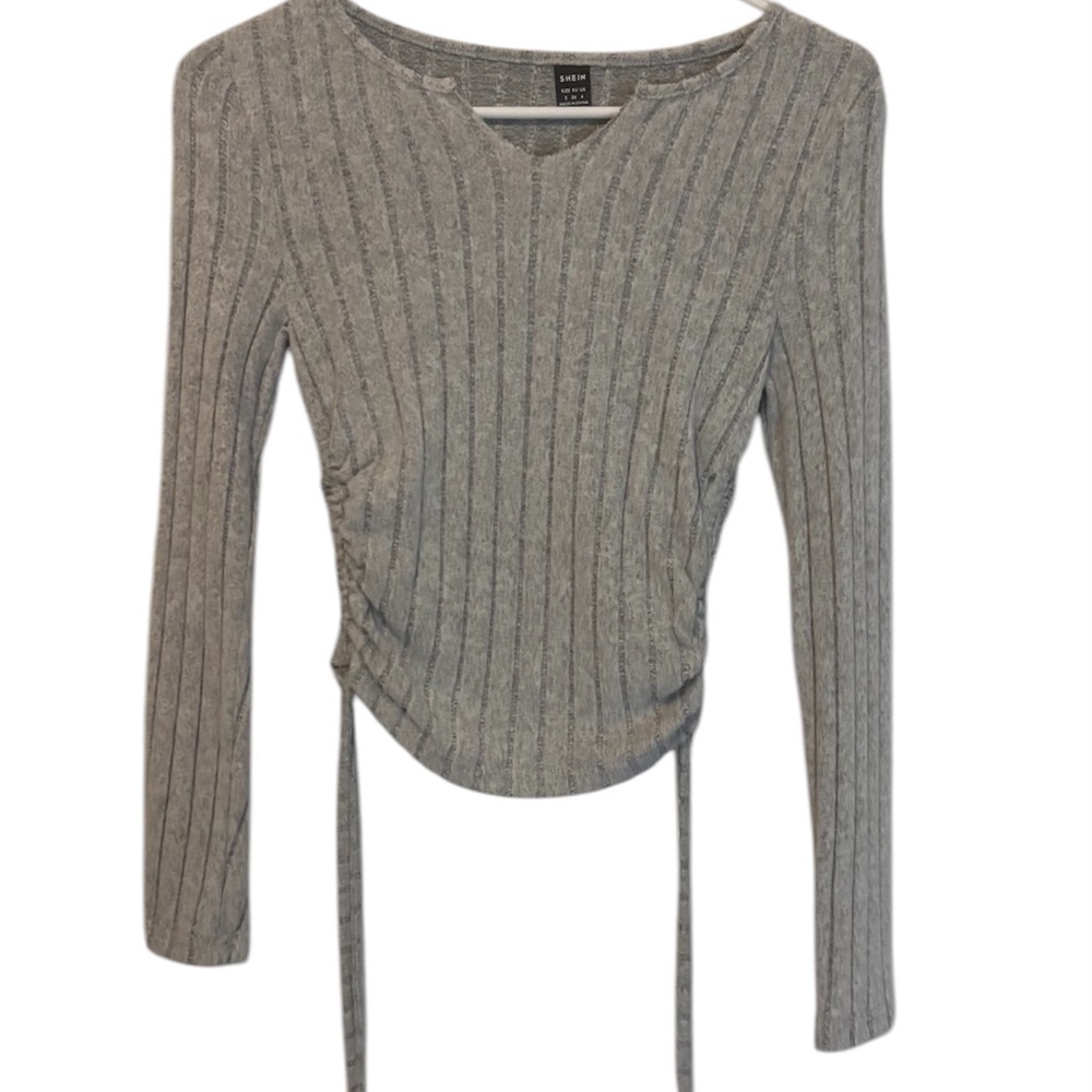 Gray Ribbed Long Sleeve Drawstring Adjustable Top